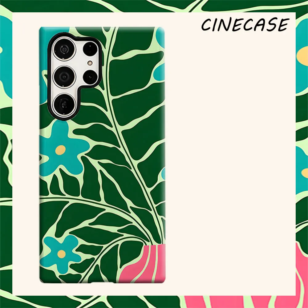 Retro Green Floral Print For Samsung Galaxy S26 S25 S24 A56 A36 Dual Layer Luxury Fashion Full Lens Protective Case