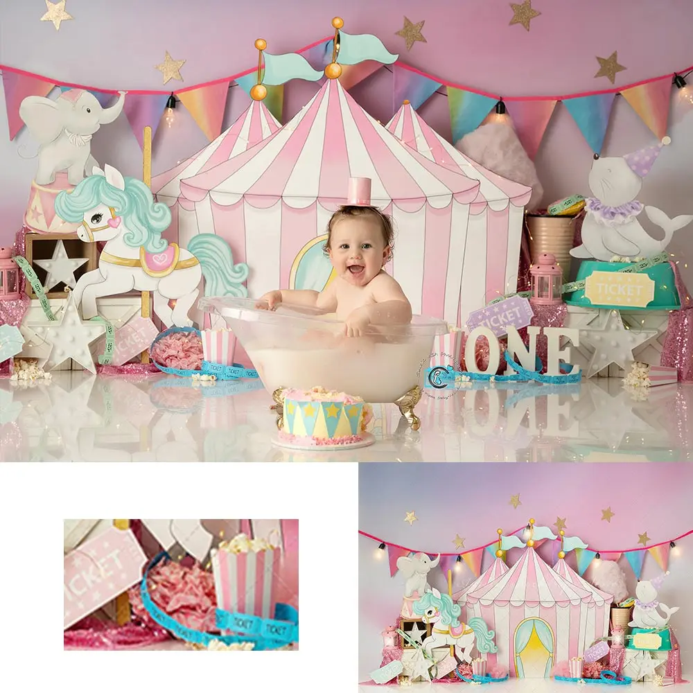 Charleighs Pink Circus Photography Backdrop Kids Baby Cake Smash Photocall Decors Child Girls Adult Birthday Studio Backgrounds