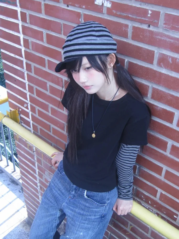 Tonngirls Y2k Japanisches T-Shirt für Damen, Langarm, Patchwork, Zweiteiler-Optik, Streetwear, Amerikanischer Retro-Vintage-Stil, 2000er-Jahre – Detail 7