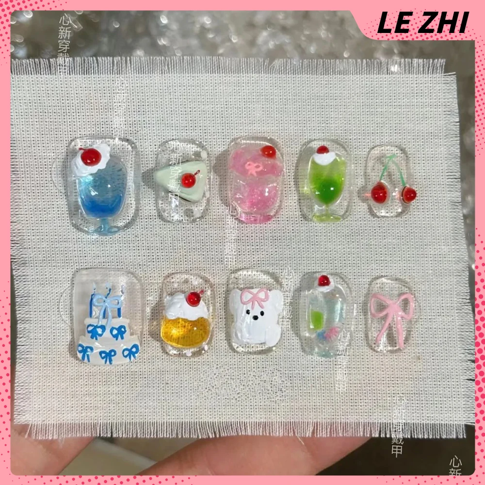 Kawaii 3D Cartoon Press On Nail Party Sticker Short Square Cute Dessert Decoration Detachable Reusable Party Sticker Nail Gift