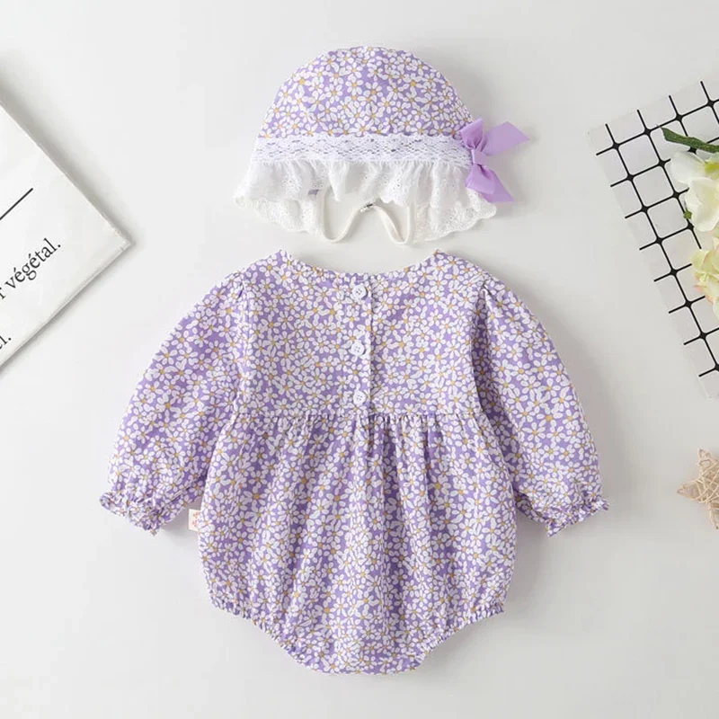 2026 Nowa Wiosenna Kombinezon dla Niemowląt Dziewczęcych z Kapeluszem, Długi Rękaw, Bawełniany Nadruk, Pajacyk dla Niemowląt Dziewczynek 0-24M, Ubrania Dziecięce