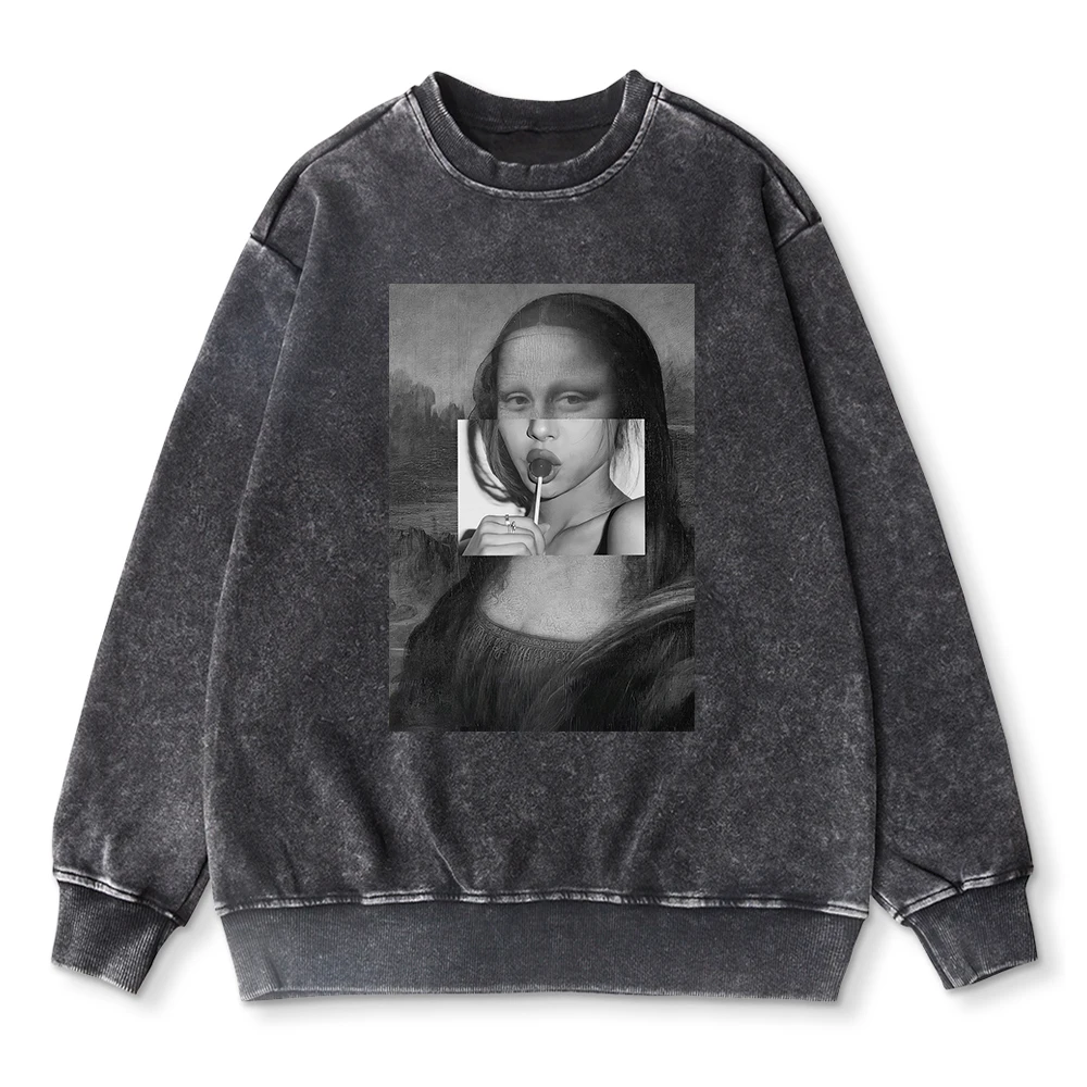 

Vintage Womans Acid Wash Hoodie Parody Mona Lisa Portrait Prints Sweatshirt Cotton Oversize Casual Pullover Couple Washed Tops