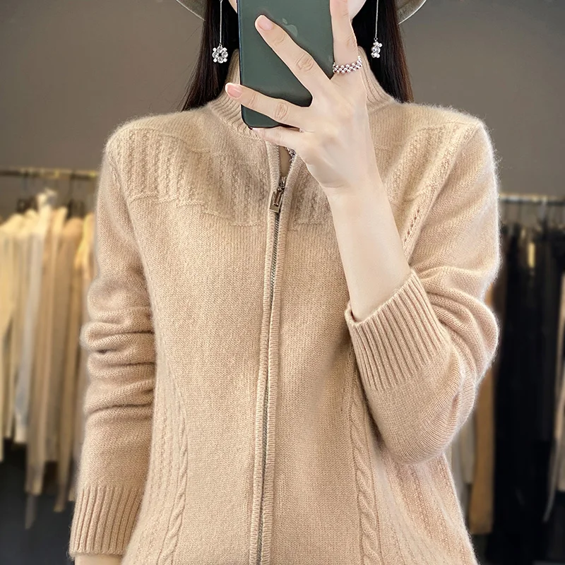 Standing Collar Sweater Women\'s 100% Merino Wool Clothing Cardigan Autumn/Winter Warm Long Sleeve Top Fashion Knitted Loose Jack