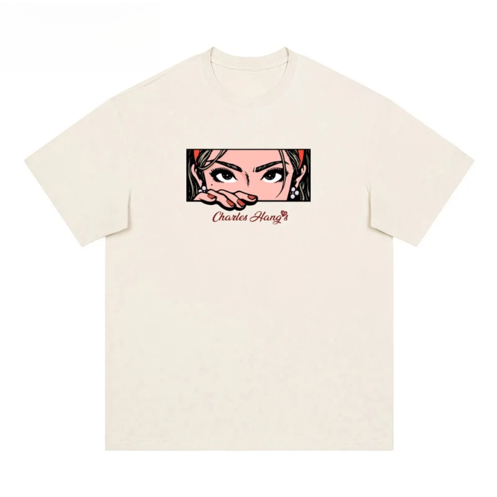 

2025 Summer Fashion Peach American Retro Short Sleeve T-shirt Men's Summer New Cotton Breathable Casual Couple Base Top Woman 25