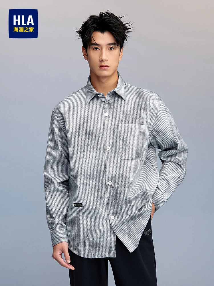 HLA Sea Home Color Print Long Sleeve Men's Shirt Loose Fit Casual Style Vertical Stripe Pattern Fashionable Urban Youth Wear