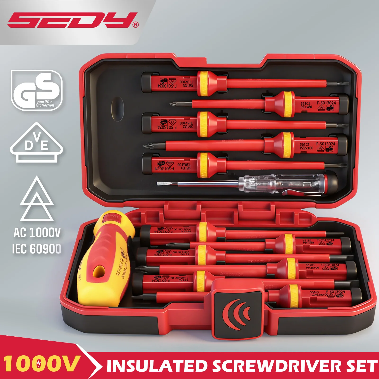 

SEDY 13-Piece 1000V Insulated Screwdriver Set VDE Certified Magnetic Tips Electrician Repair Tool Kit
