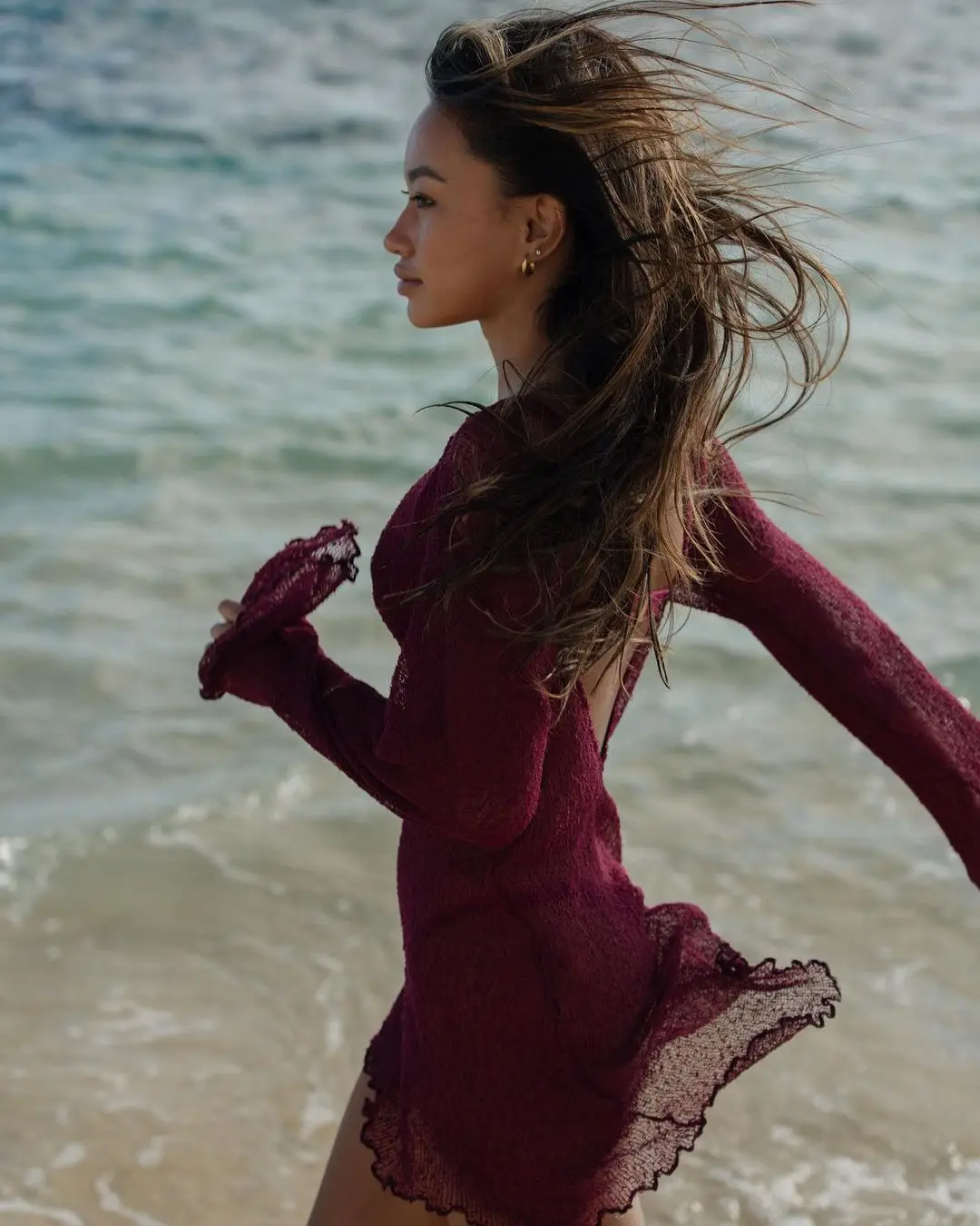 DSMTRC ยืดไวน์แดงแขนยาว Cover Up Beach Mini Dress ผู้หญิงฤดูร้อนเซ็กซี่ Sheer Backless บางถักชุด