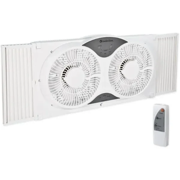 Comfort Zone Twin Window Fan with Remote Control, Removable Cover, Reversible, 9 inch, 3 Speed, 3 Function, Expandable