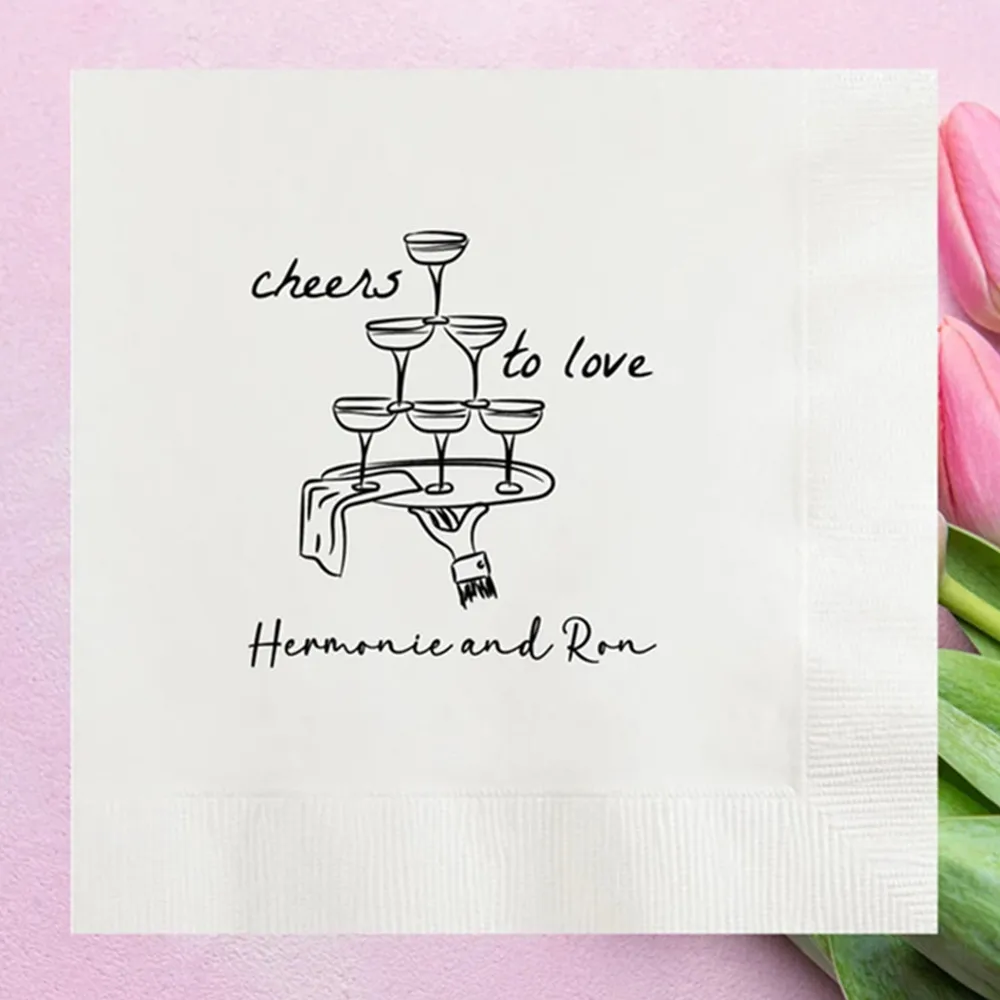 

50PCS Personalized Cheers to Love Hand Drawn Glasses Wedding Napkins, Custom Wedding Cocktail Napkins, Engagement Party, Vow Ren