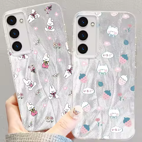 Printed Strawberry Bear Rabbit For Samsung S24 S23 S21 FE Plus Ultra A03 A25 A23 A22 A21S A15 A14 A12 5G Feather Yarn Back