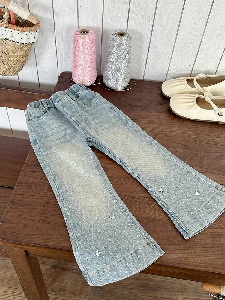 جينز بناتي: جينز بناتي مرصع بحجر الراين، جينز متوهج بنمط ربيعي جديد، مناسب للأطفال من سن 7 إلى 14 عامًا