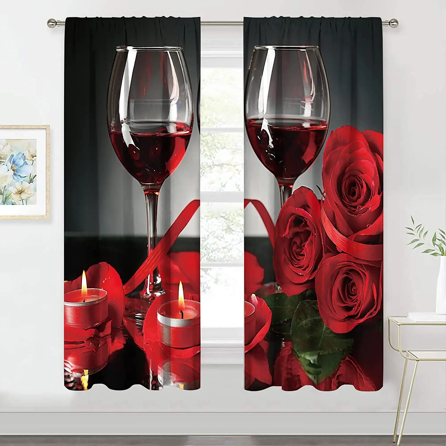 

Red Rose and Wine Window Curtains, Curtain Panel, Christmas Home Decor, Bedroom, Kitchen, Living Room