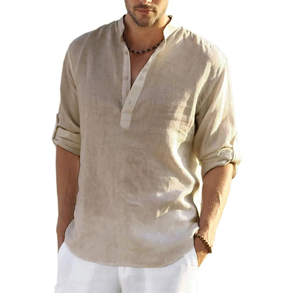 Men's Daily Linen Long Sleeve Shirt Solid Color Loose Casual Shirt Cotton Linen Comfy Fit Blouses Men Clothing