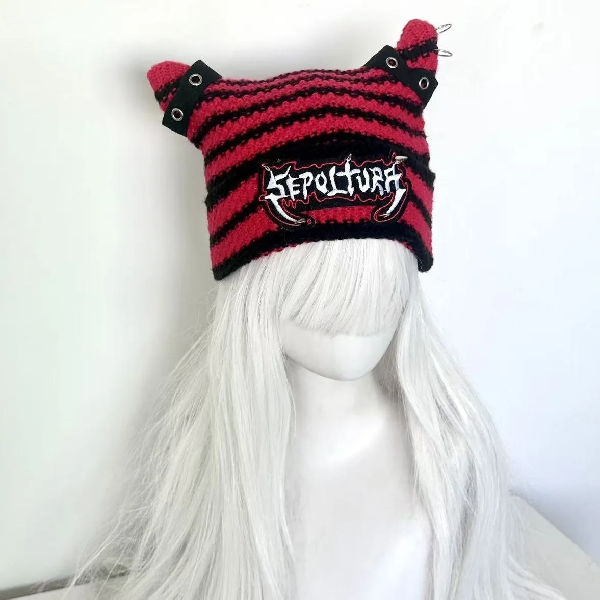 Y2K Girl Harajuku Gothic Black Red Stripes Lolita Knitted Hat Women Punk Designer Beanie Hat Spice Girl Streetwear Accessories