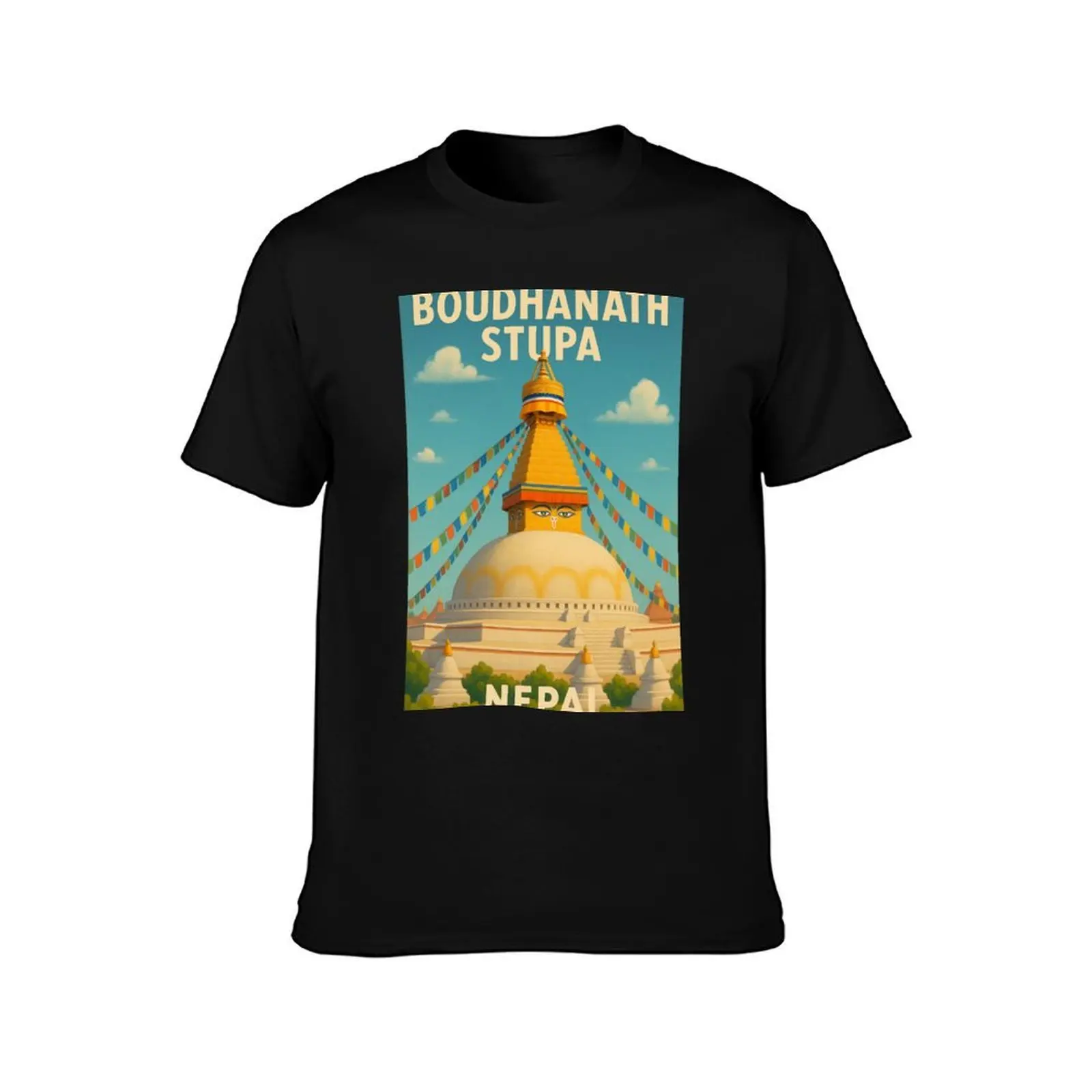 Boudhanath Stupa Nepal with Prayer Flags and All-Seeing Eyes T-Shirt Fashion Casual Short Sleeve Top