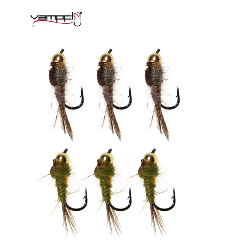 Vampfly 6PCS 14#  Fishing Baits Brass Bead Head Hare’s-Ear Nymph Fly Tying Hook Trout  Fly Fishing Lure