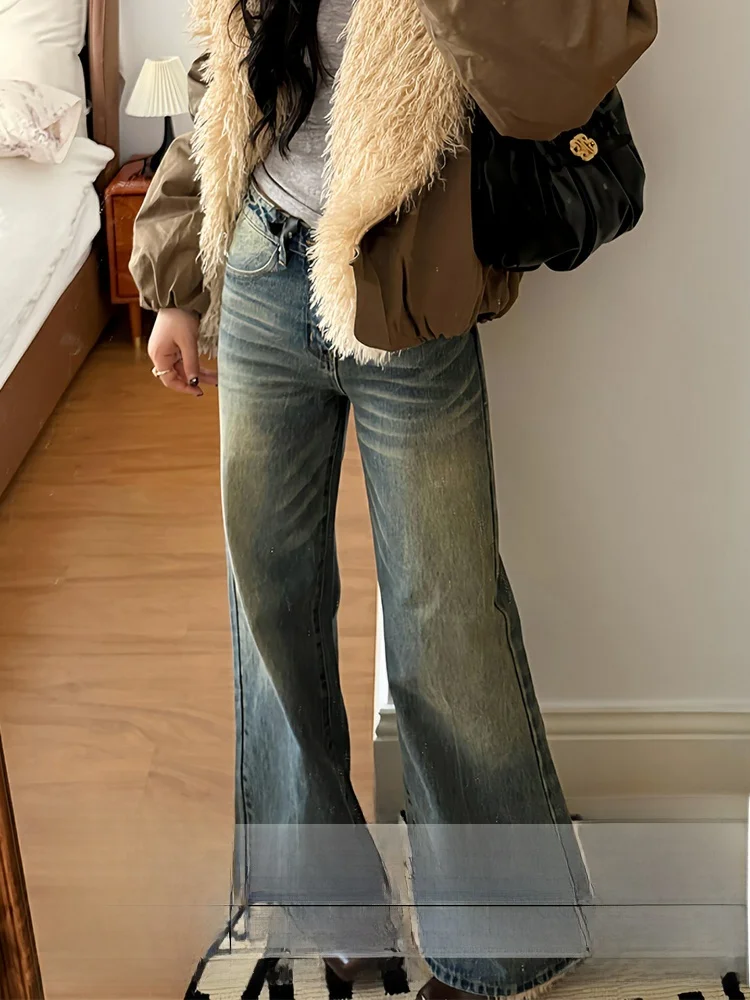 

Ретро-американские джинсы High Street Sexy Girl, потертые облегающие джинсы, женские осенне-зимние новые прямые джинсы с высокой талией Sle Pear Ape...