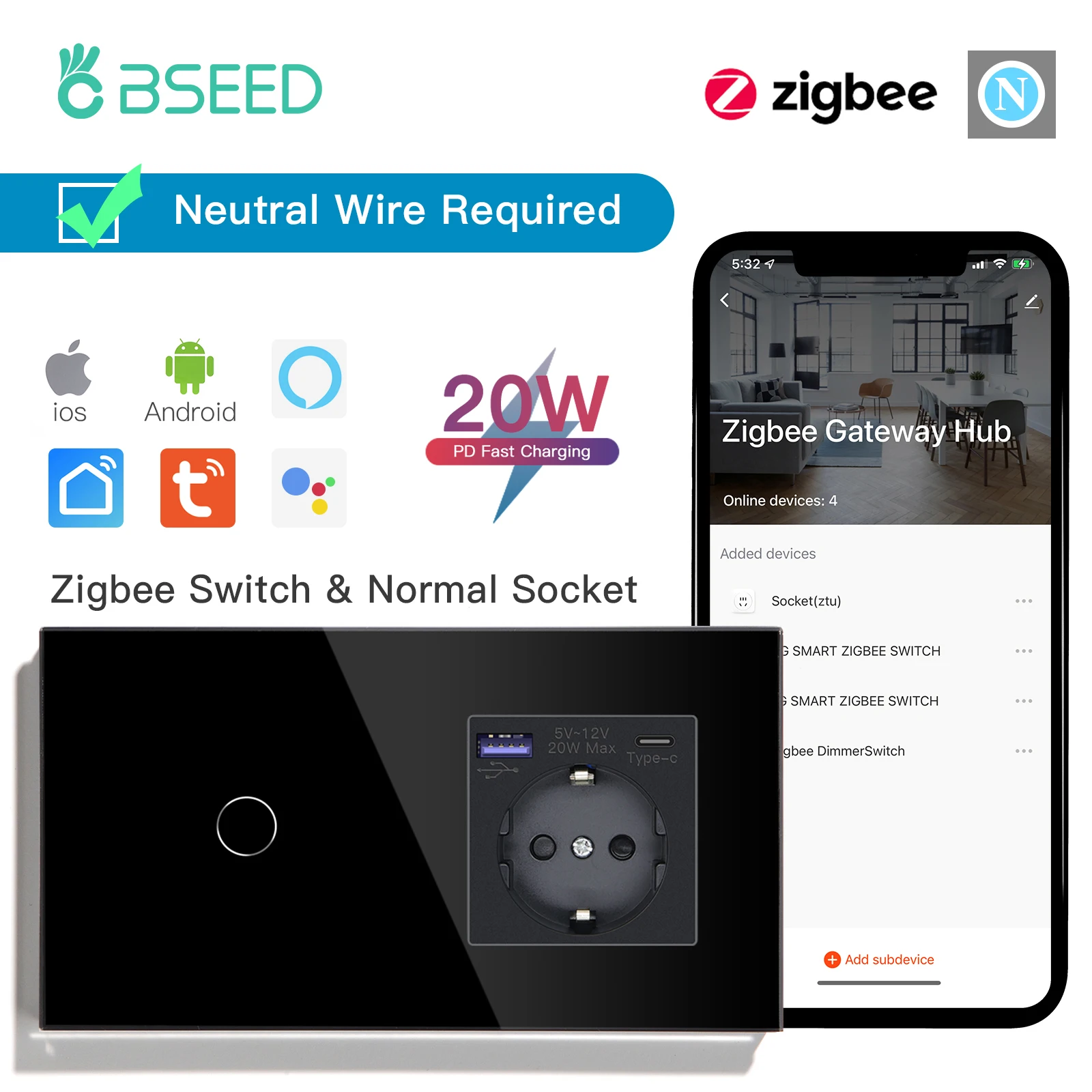 Bseed 1/2/3Gang 2Way Zigbee Light Switch Wall Touch Switch USB Type-C Fast Charge Port 20W Tuya Smart Life Google Home Control