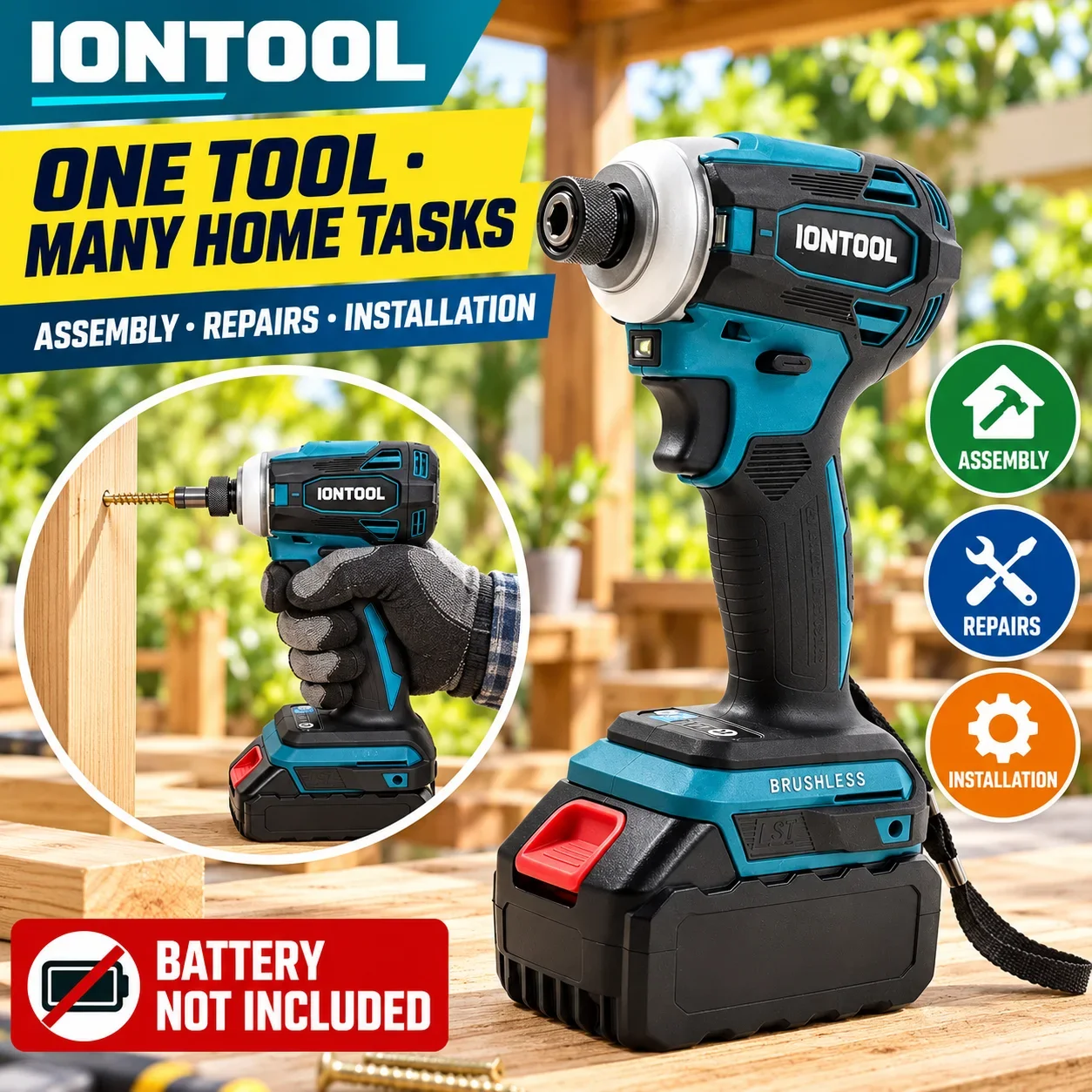 IONTOOL DTD172 180Nm 600W Cordless Brushless Impact Driver Compact 1/4 Inch Hex Tool for Woodworking Repair Home Improvement