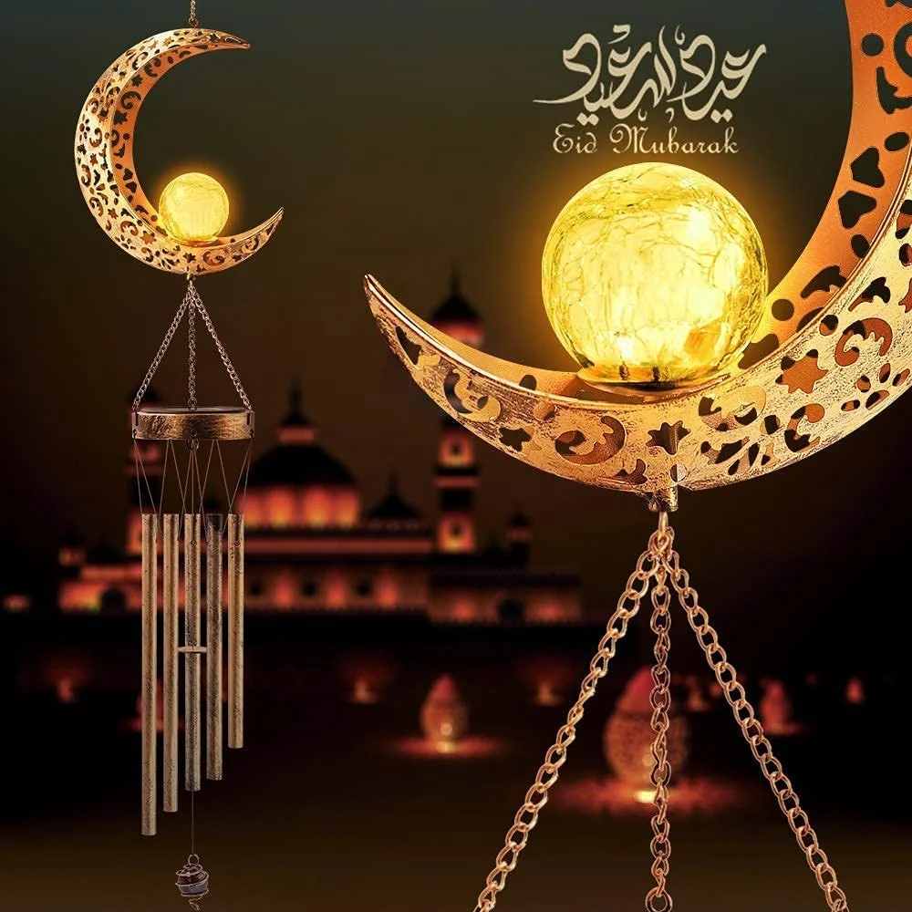 Moon Solar Wind Chimes for Outside, Ramadan Decoration Mobile LED lantern light for Muslim islamic art