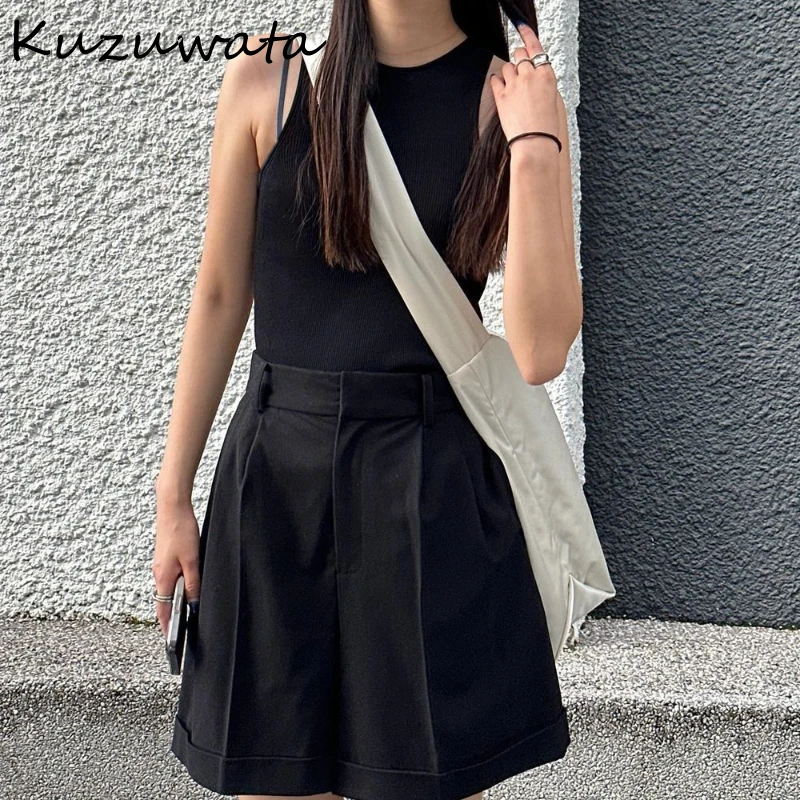 Kuzuwata Fashion High Waist Woman Pants Casual Straight Soft Loose Shorts Japan Early Autumn Ruched Notched Shorts for Women