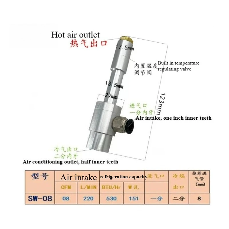 Aluminium Alloy Vortex Tube Cooler Air Conditioning Vortex Tube Cold Air Duct Air Tool Cooler