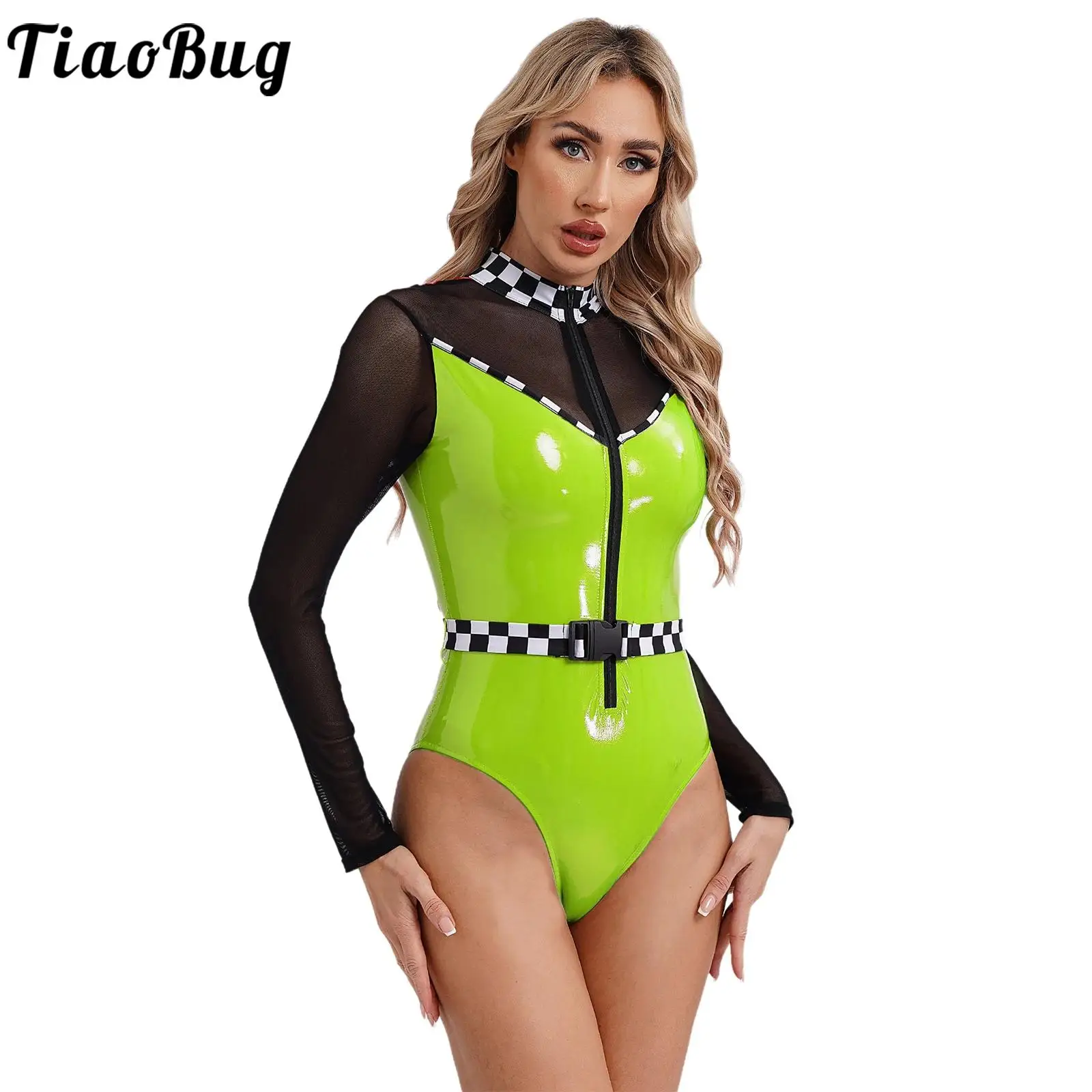 

Women Speed Racer Driver Leotard Halloween Costume Cosplay Bodysuit Checkerboard Print Zipper Patent Leather Jumpsuit Dress-up