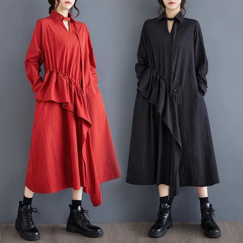 

Large Size Women's Clothing For Autumn 2024 New Loose Fashion Irregular Pleated Ruffle Edge Temperament Dress Long Shirt a017