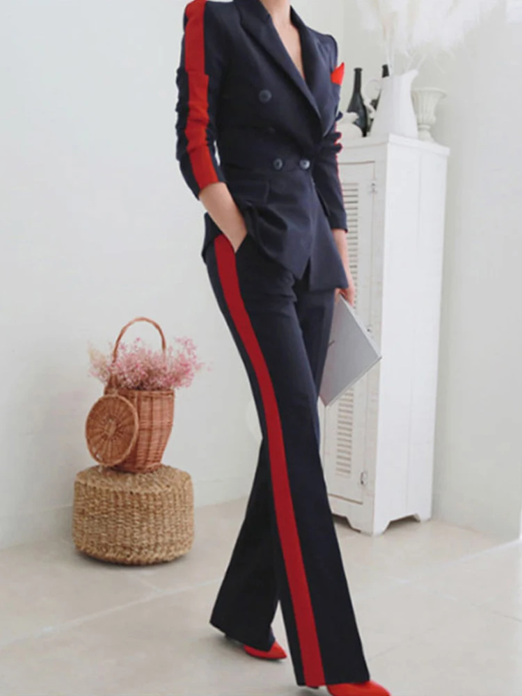 Formal 2 Pieces Outfits Elegant Women Mujer Temperament Double Breasted Slim Outwear Blazer Suit Long Pants Trouser Suits Sets