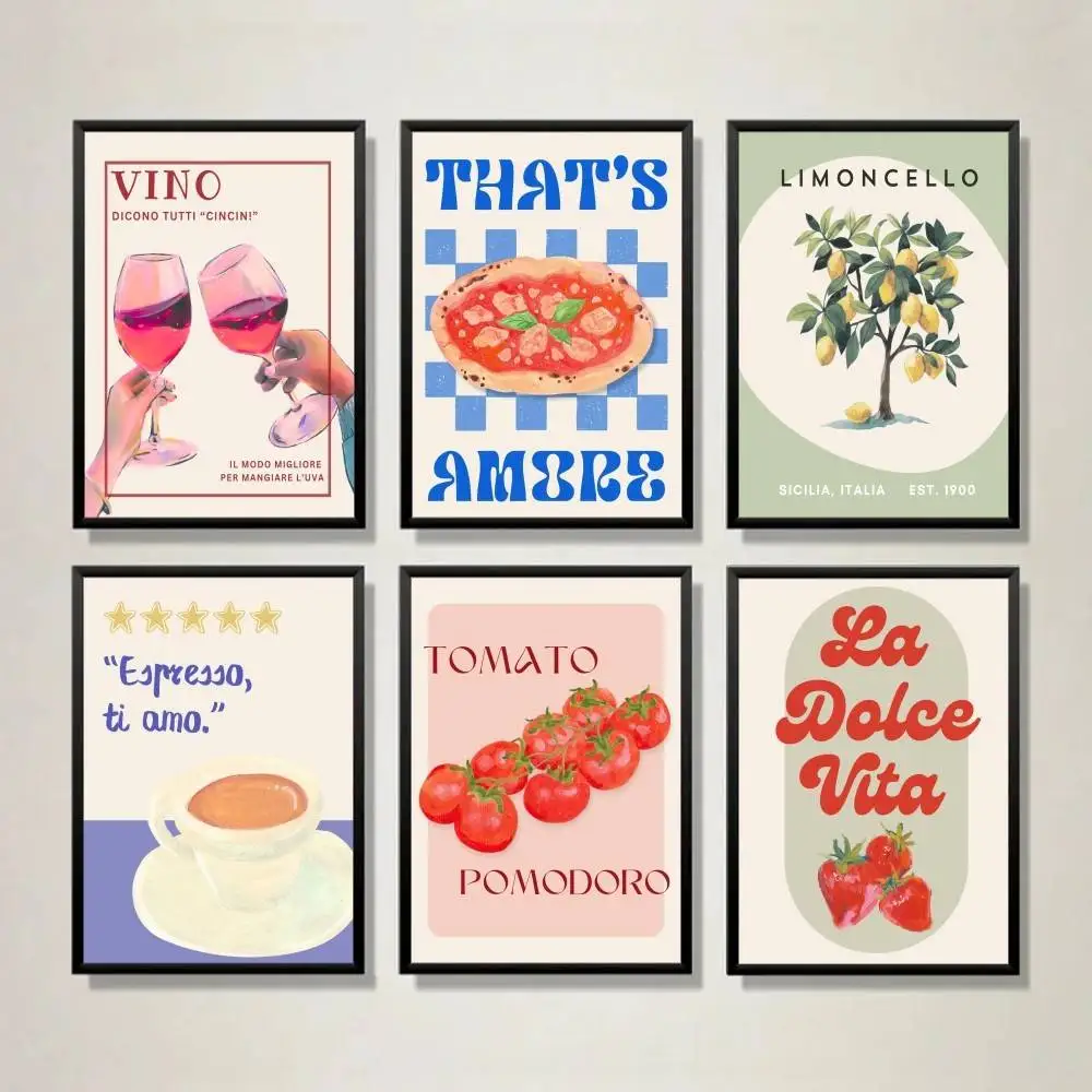 Retro Italian Food Paper Poster Wine Pizza Coffee Citrus Wall Art for Kitchen Dining Room Bistro Cafe Decor Unframed Print