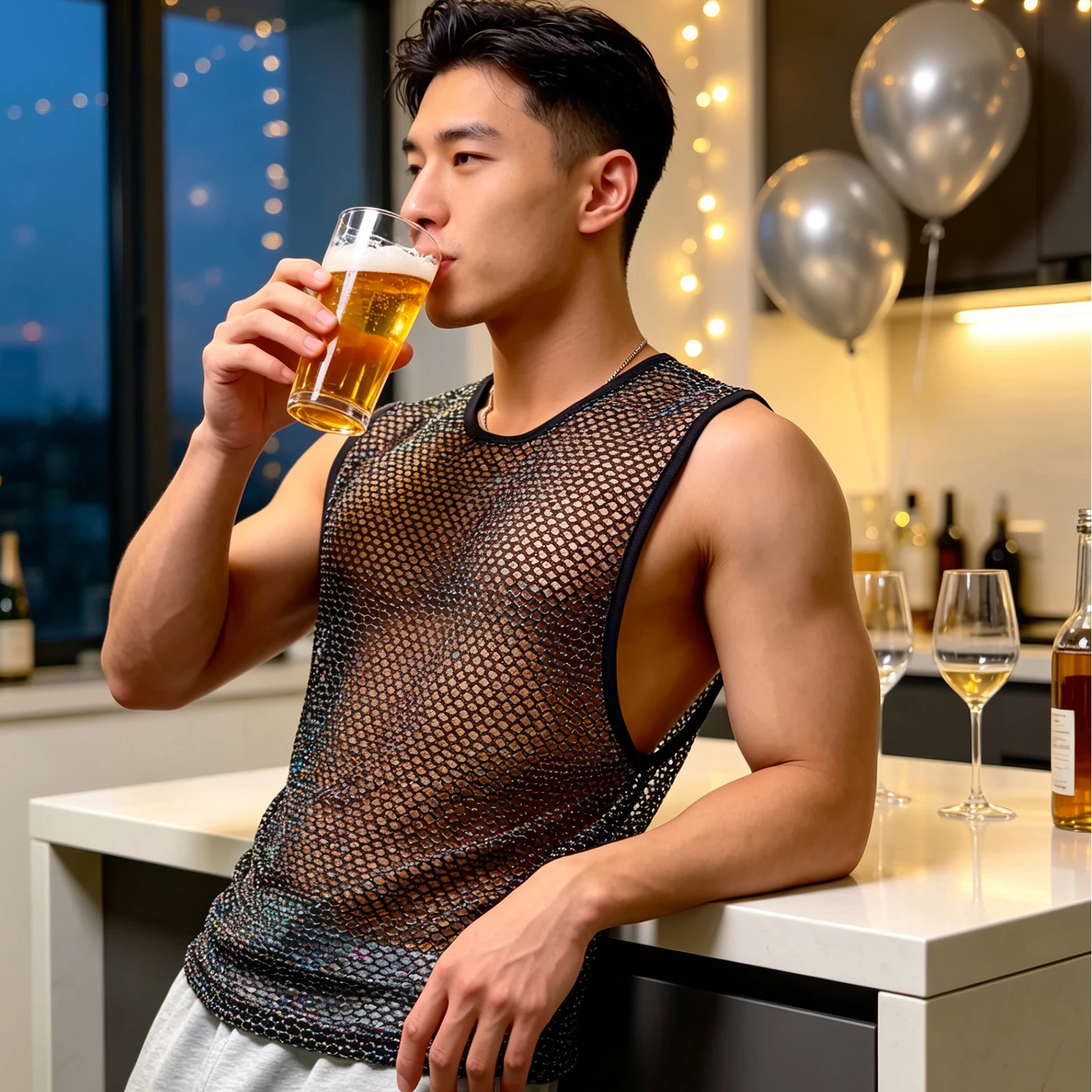 Metallisch glänzendes Tanktop für Herren, Netzstoff, ärmellos, Rundhalsausschnitt, Muskelweste, lässige Sommeroberteile, Streetwear, mit Ausschnitten, durchsichtig. – Detail 13