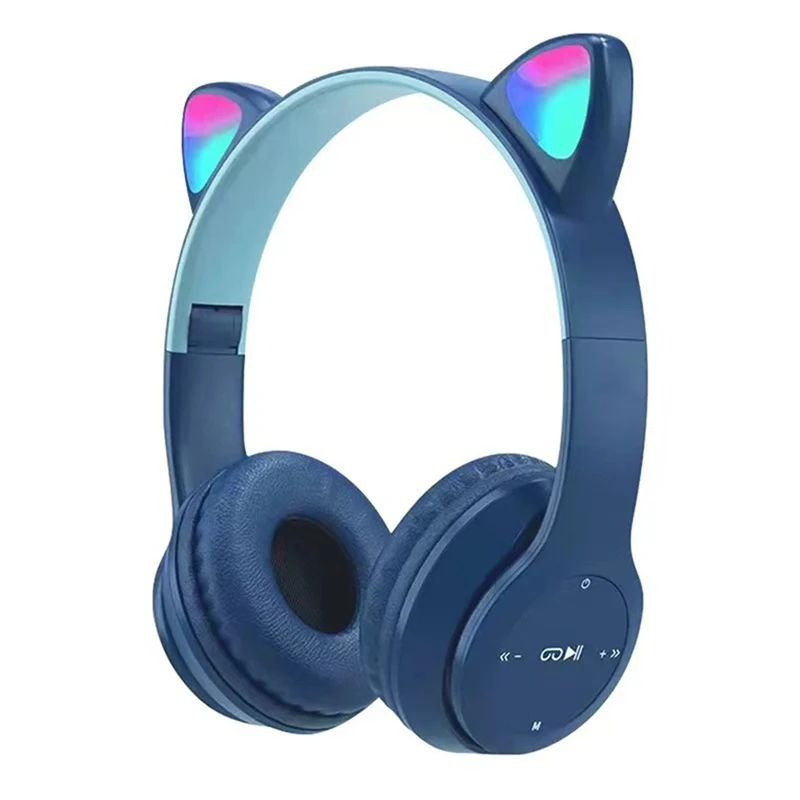 ABGZ-Bluetooth Cat Ear Headphones For Kids Wireless Mode Foldable Headset With Mic, RGB LED Light For Gift School Gaming