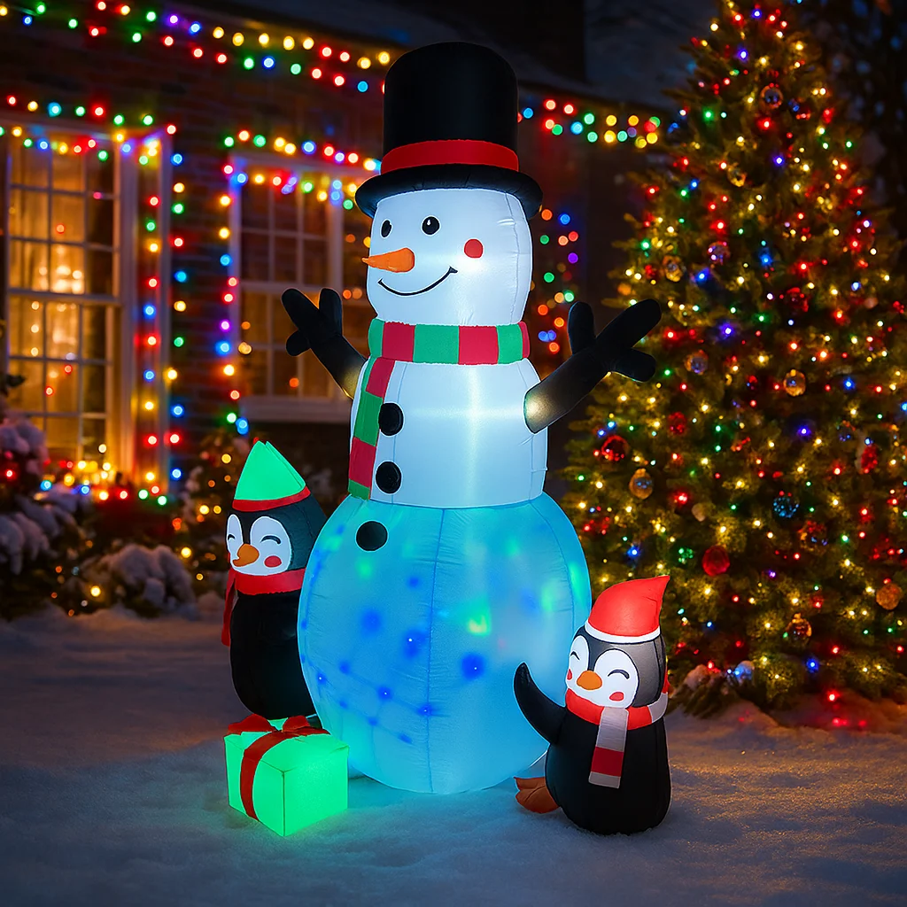 Decorazioni natalizie da 6 piedi Pupazzo di neve gonfiabile Pinguino Giocattoli Ornamenti da giardino per la casa con decorazioni a LED Forniture natalizie Giardino esterno