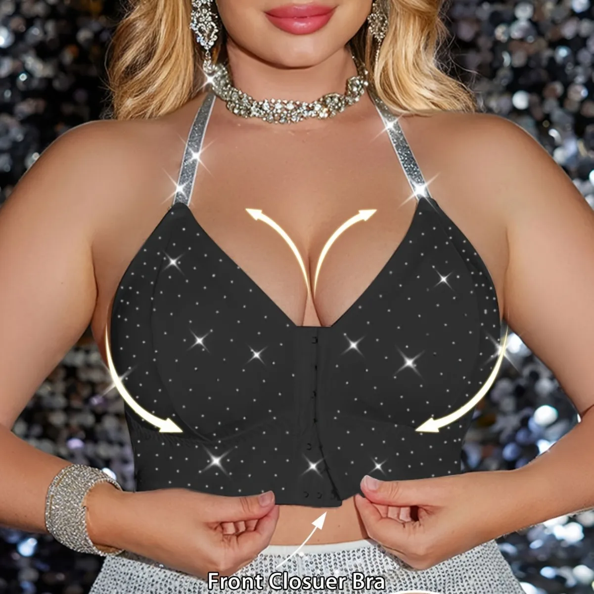 

Бюстгальтер с бретельками на шее и бриллиантами, удобный без стального кольца, пряжка спереди, нижнее белье большого размера в горошек, женское Cw81065