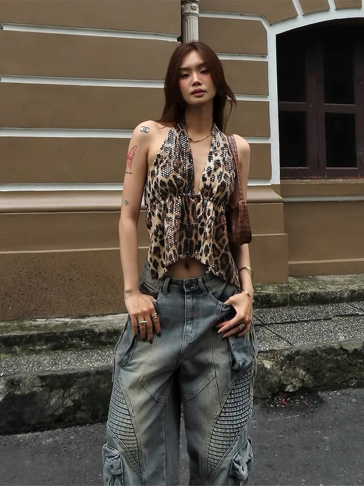Nibber Damen-Weste mit Leopardenmuster, Pailletten, rückenfrei, Neckholder, V-Ausschnitt, Schnürung, ärmellos, Straße, dünn, wilder Sommertrend, vielseitige Oberteile