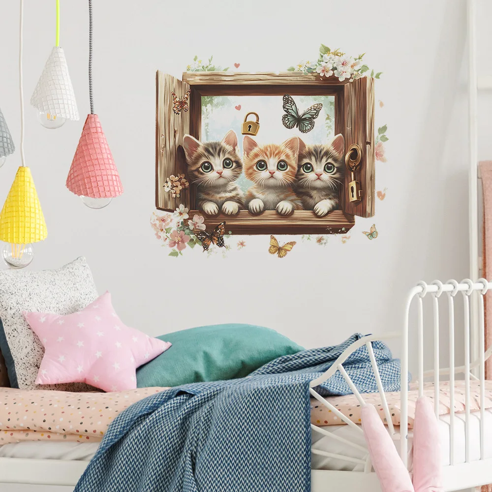 

Cartoon Fake Window Cute Cat Wall Sticker Kids Room Background Decor Mural For Baby Bedroom Decoration Self-adhesive Home Decals
