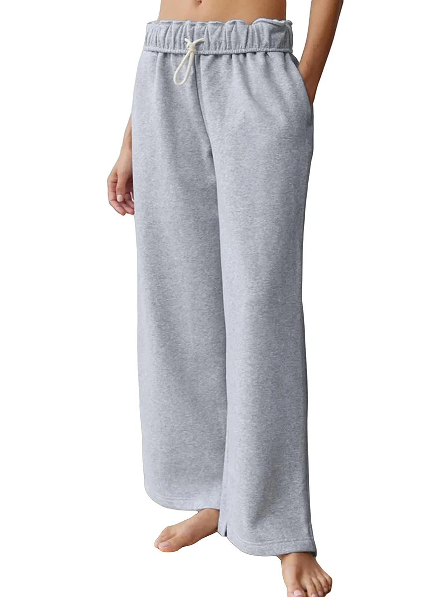 

Women s Wide Leg Sweatpants Ruffled Elastic Waist Mid Rise Athletic Joggers Baggy Lounge Pants Slit Trousers