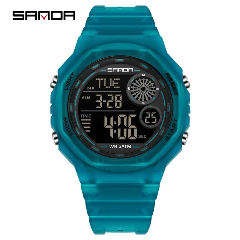 SANDA SD6259 ساعة إلكترونية عصرية بتقويم منبه مقاومة للصدمات وحزام سيليكون مقاوم للماء ساعة يد رقمية رياضية