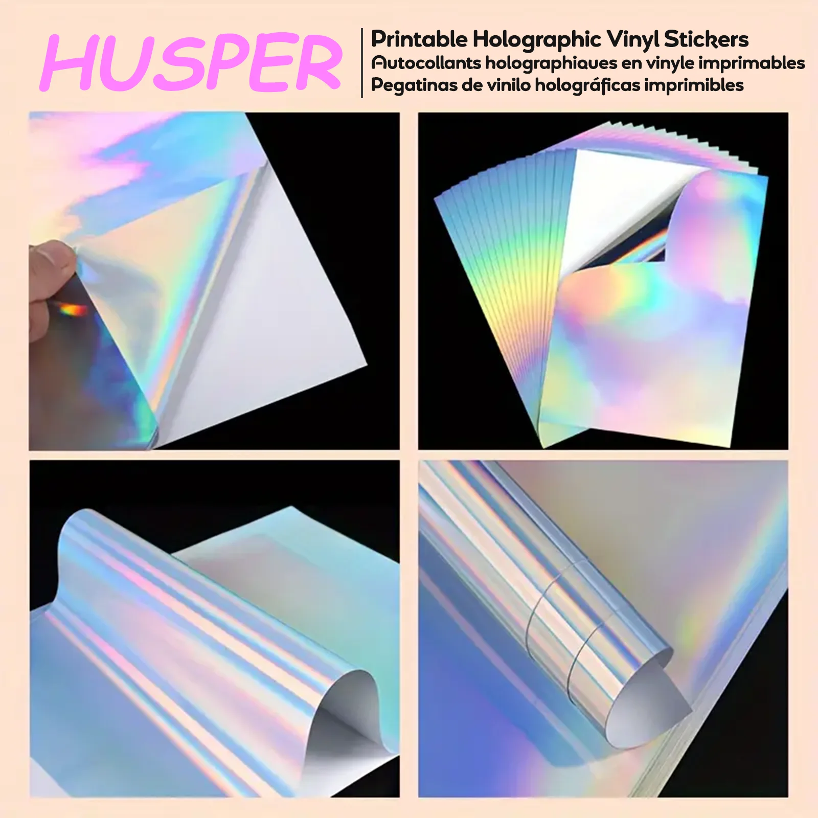 40 Sheets A4 Holographic Rainbow Vinyl Sticker Paper Self-Adhesive Waterproof Printable Holographic Label Paper for Inkjet Print
