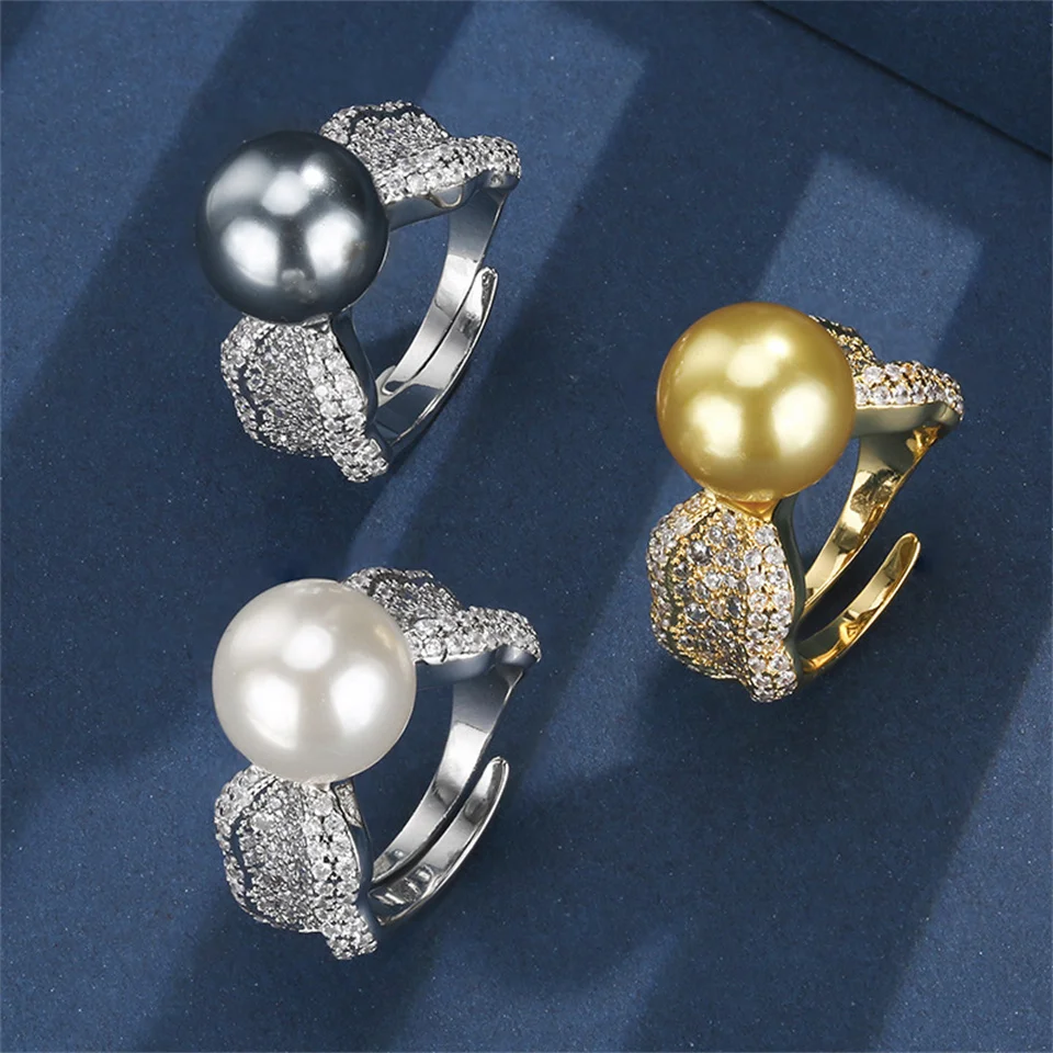 

New Opening Elegant Stylish Gold Pearl Ring For Women 12mm Sophisticated Luxurious Grey Stainless Steel Pearl Ring Jewelry Gifts
