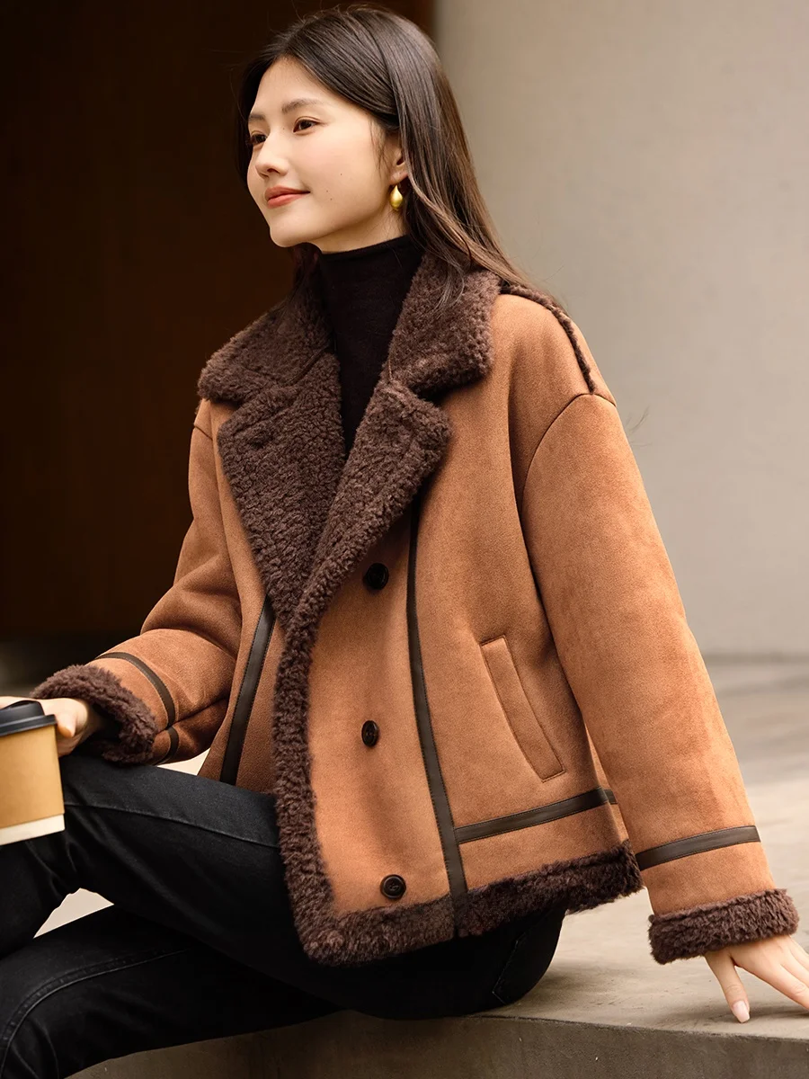 Cappotto Lungo da Donna XWI in Pelle Scamosciata con Pelliccia d'Agnello, Caldo Invernale, Snellente, Casual, in Fibra di Poliestere