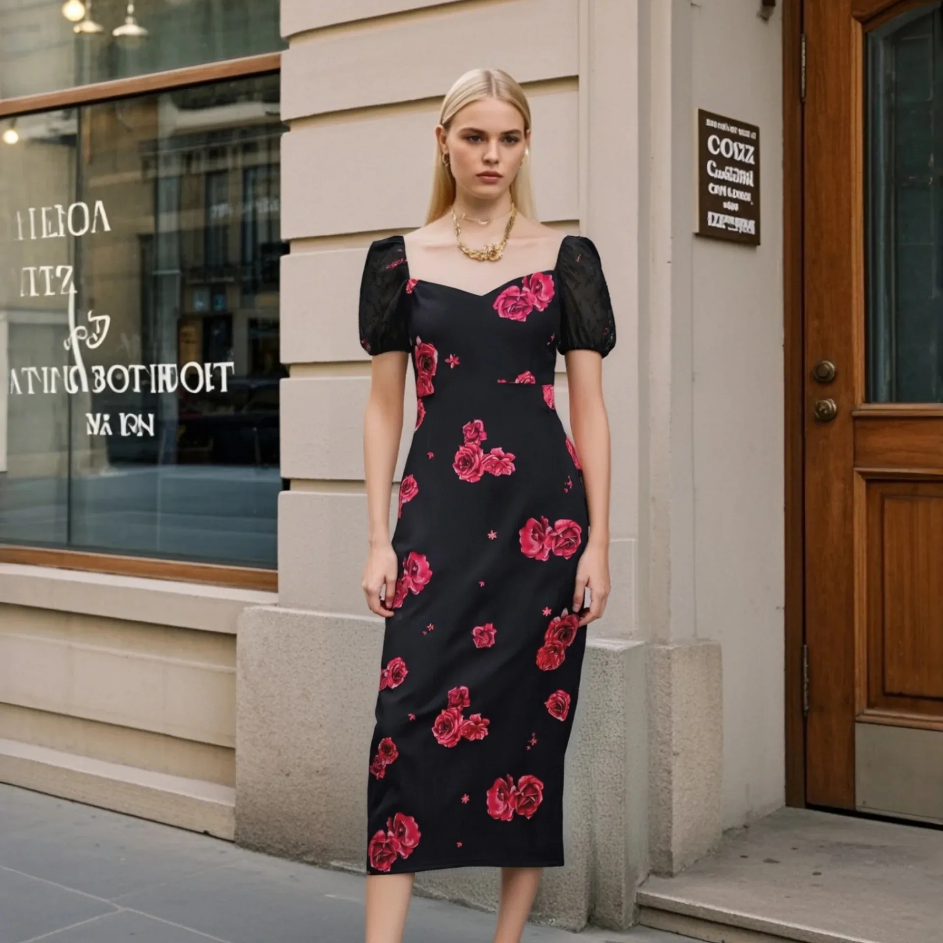   Verão nova moda feminina temperamento impresso mangas bolha francesa vestido de emagrecimento