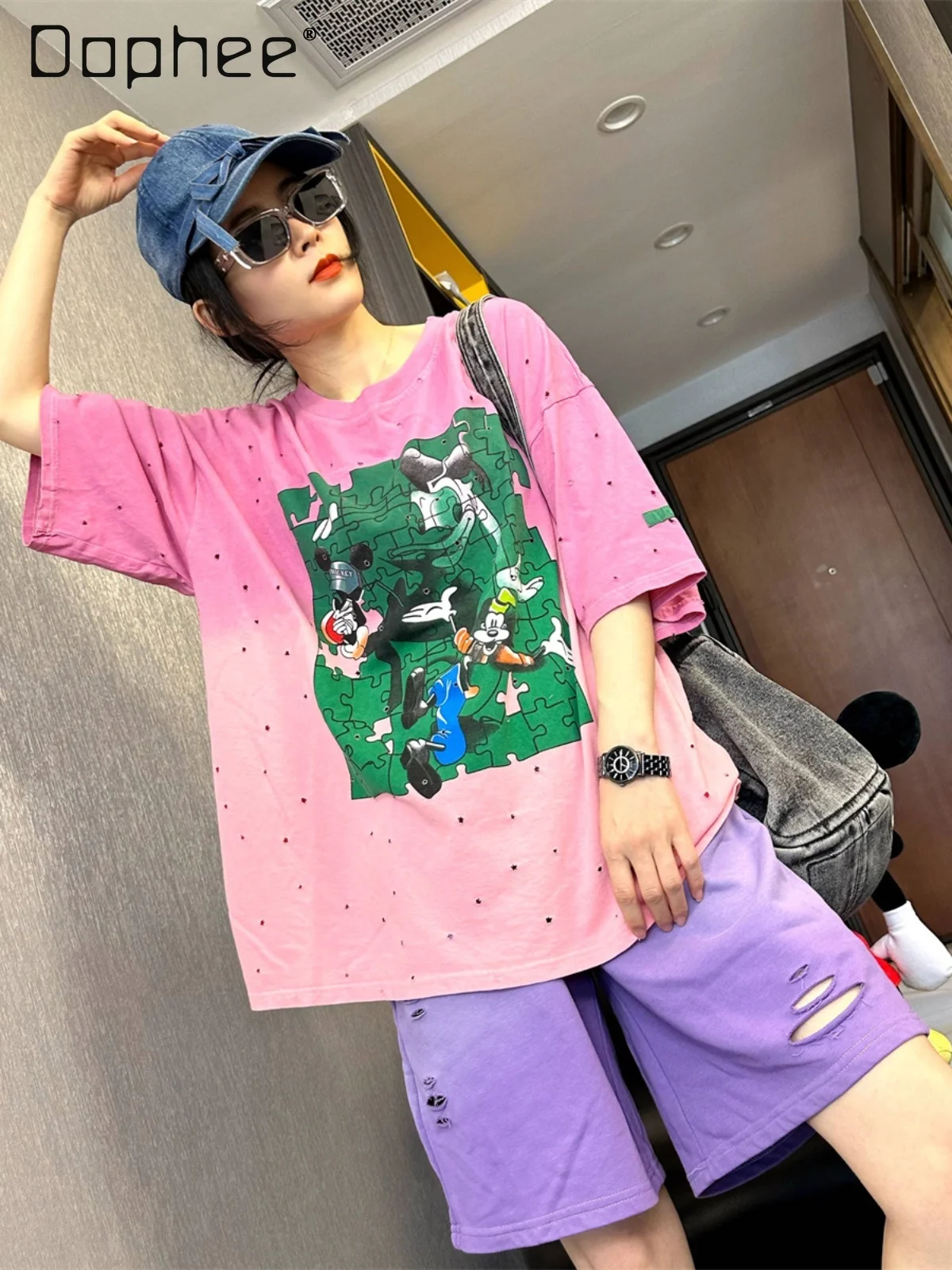 Round Neck Gradient Color Washed Cotton T-shirt Fashionable Top Summer Thin Cartoon Printed Puzzle Short Sleeve Women Clothes