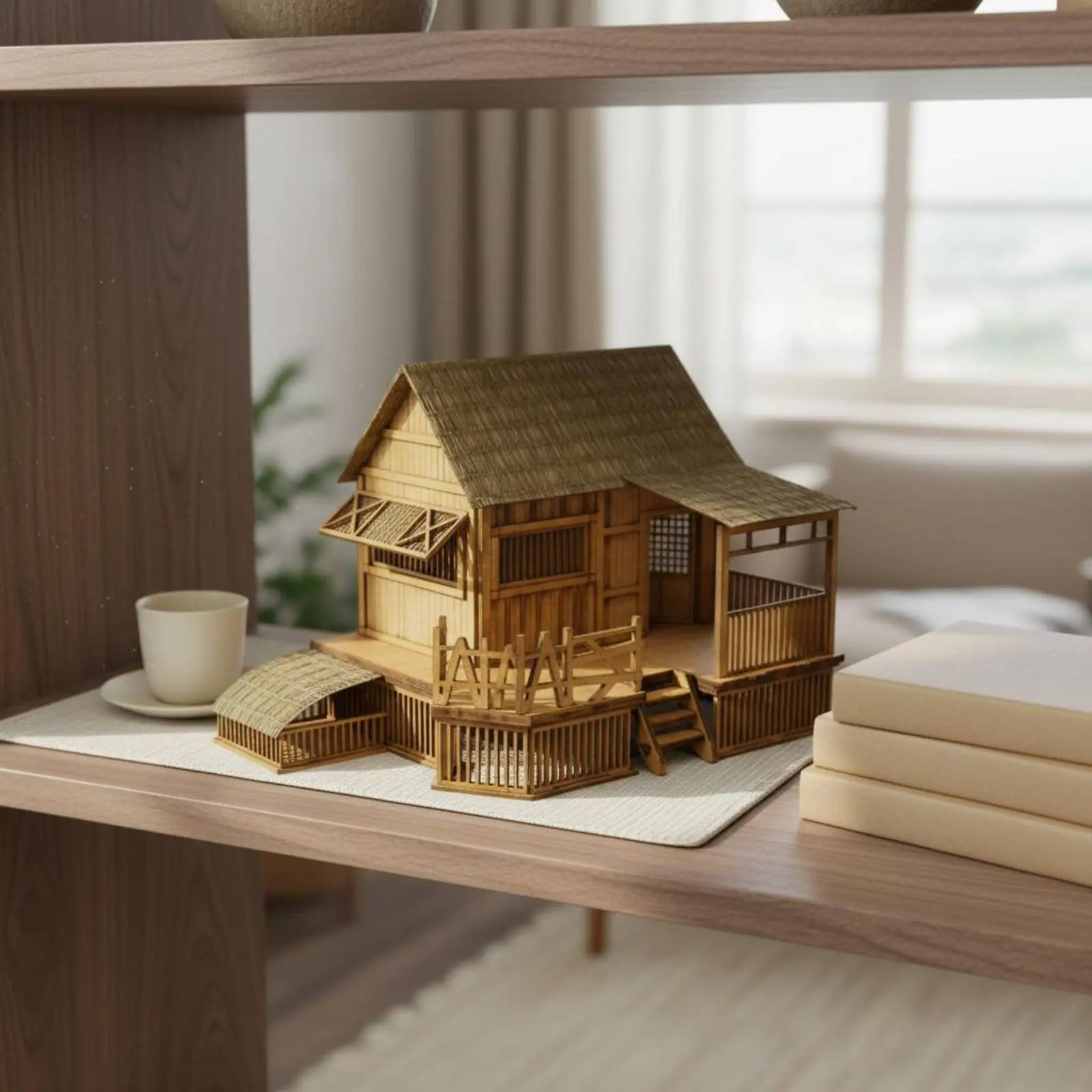 Chinese Design House Model Detailed Craft Straw Roof House Model Handmade Wooden Cottage Decorative Miniature Building for Desk