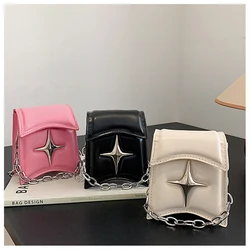 Y2K Vintage Korean Chain Shoulder Bag Gothic Star Flap Crossbody Bag Solid Color Buckle Handbags PU Leather Ladies Clutch Purse