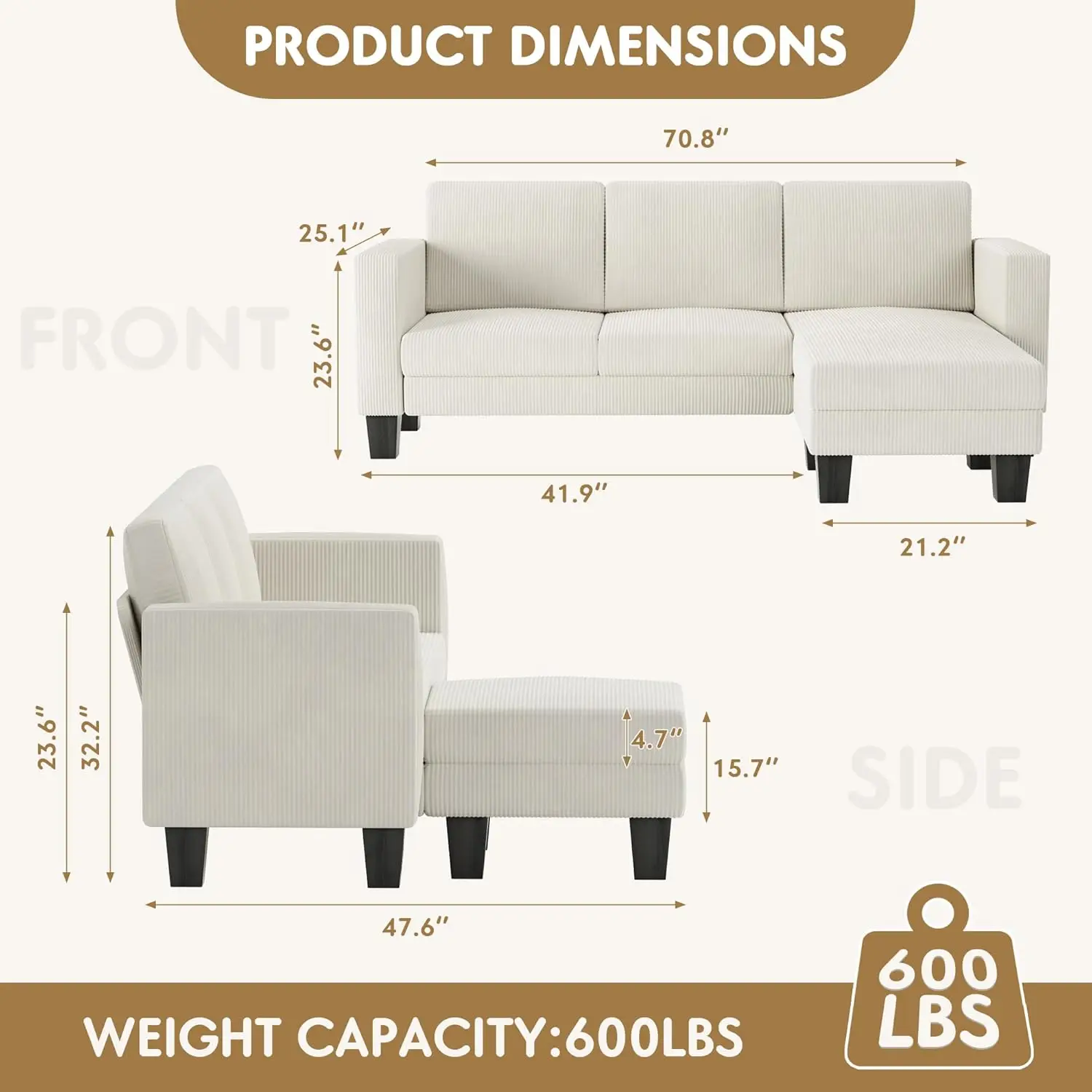 Yeshomy L-Shaped Convertible Sectional Sofa 3 Seater With Corduroy Fabric, Complete With Mobile Footrest, For Living Room,