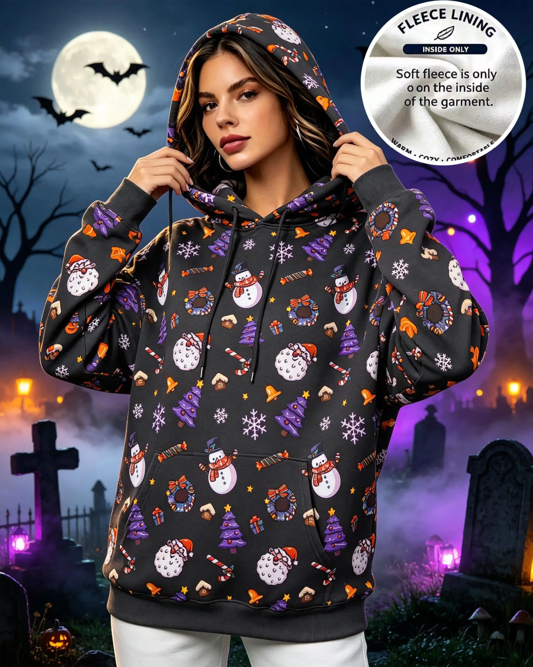 Women Christmas Allover Snowman Xmas Tree Wreath Snowflake Fleece Hoodie Cream Pocket Sweatshirt
