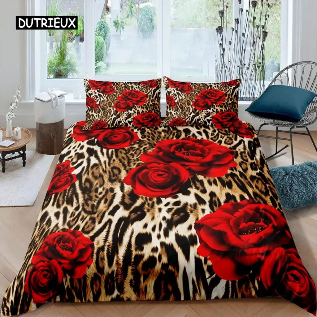 

Leopard Print Duvet Cover Microfiber Red Rose Blossom Floral Bedding Set Brown Cheetah Safari Wildlife Animal King Bedding Set