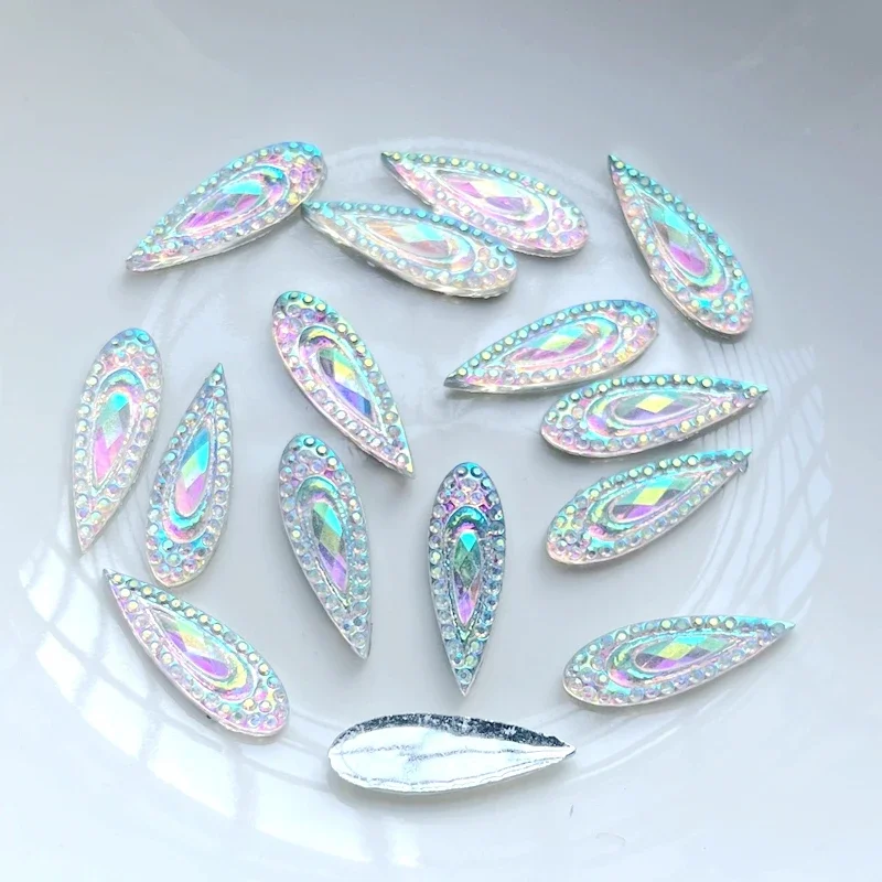 60pcs 6 * 20mm Shiny Water Drop AB Resin Water Diamond Peacock Eye Flat Back DIY Wedding Decal Decoration nail art decorations