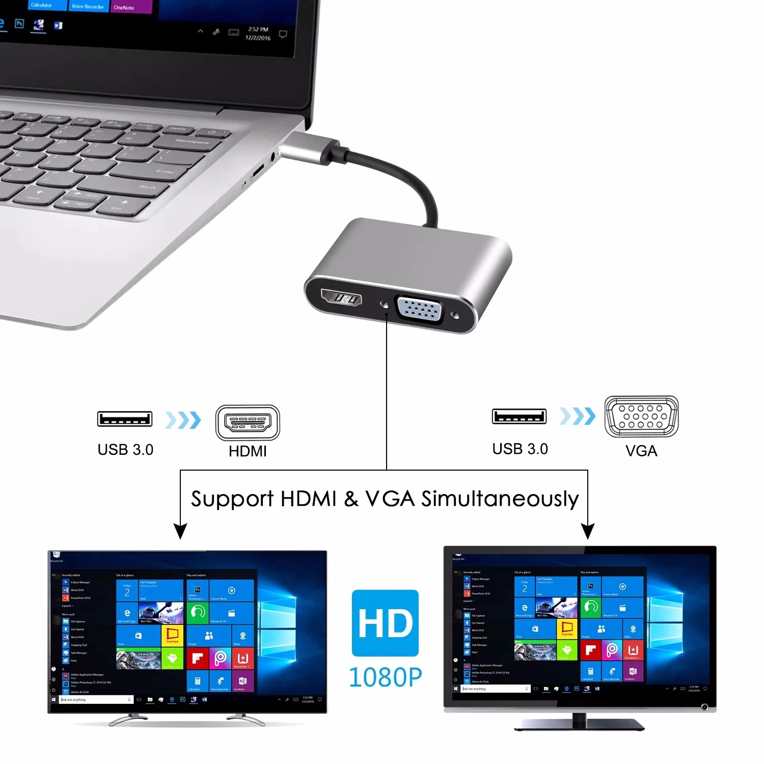 USB to HDMI VGA Adapter 2 in1 1920*1080P Dual Output Multi-Display Converter For Mac OS Windows 7/8/10/11 Laptop Computer